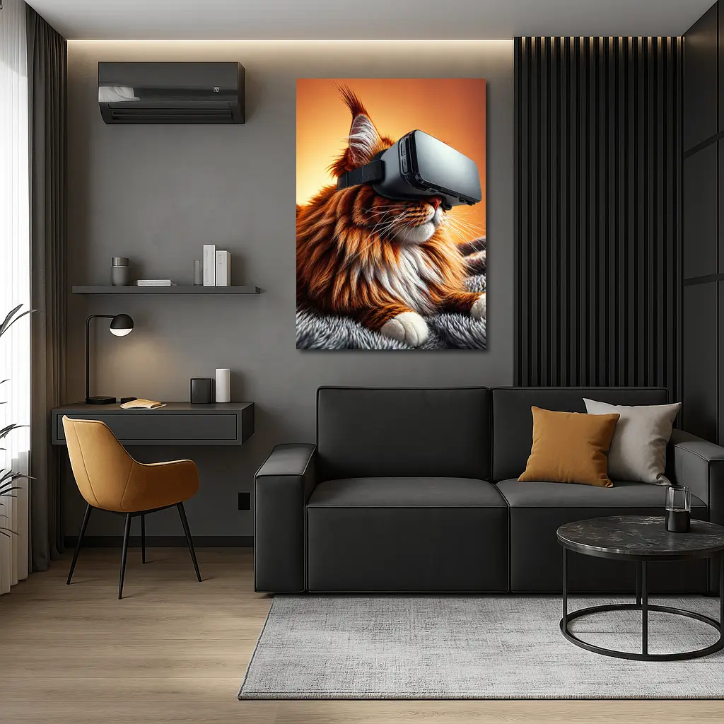 Maine Coon Cat Wearing VR Headset Orange Background – Wall Art