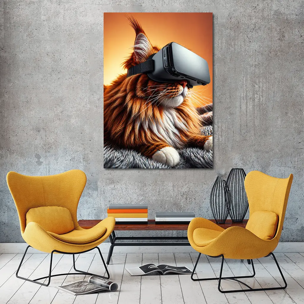 Maine Coon Cat Wearing VR Headset Orange Background – Wall Art