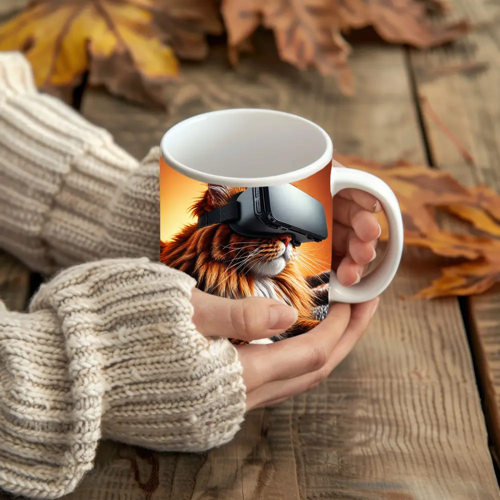 Maine Coon Cat Wearing VR Headset Orange Background – Mugs