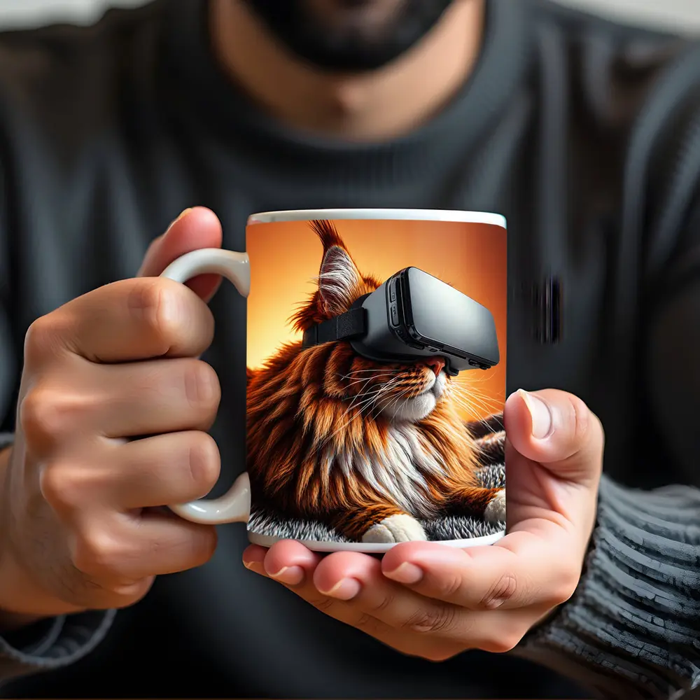 Maine Coon Cat Wearing VR Headset Orange Background – Mugs