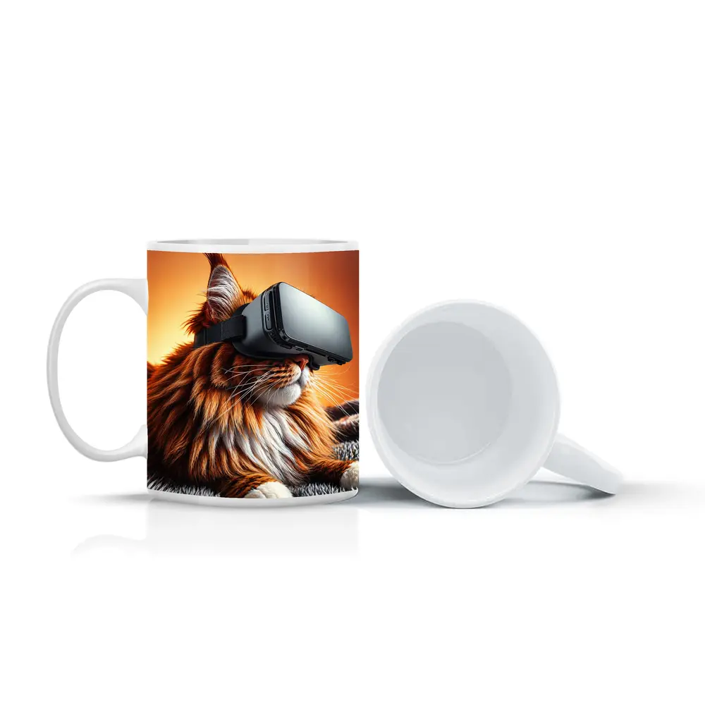 Maine Coon Cat Wearing VR Headset Orange Background – Mugs