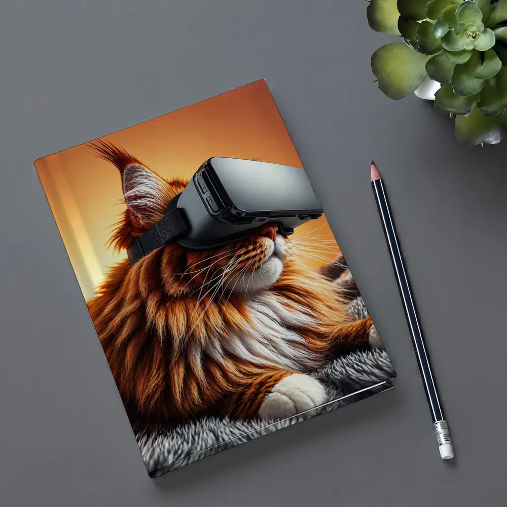 Maine Coon Cat Wearing VR Headset Orange Background – Notebooks