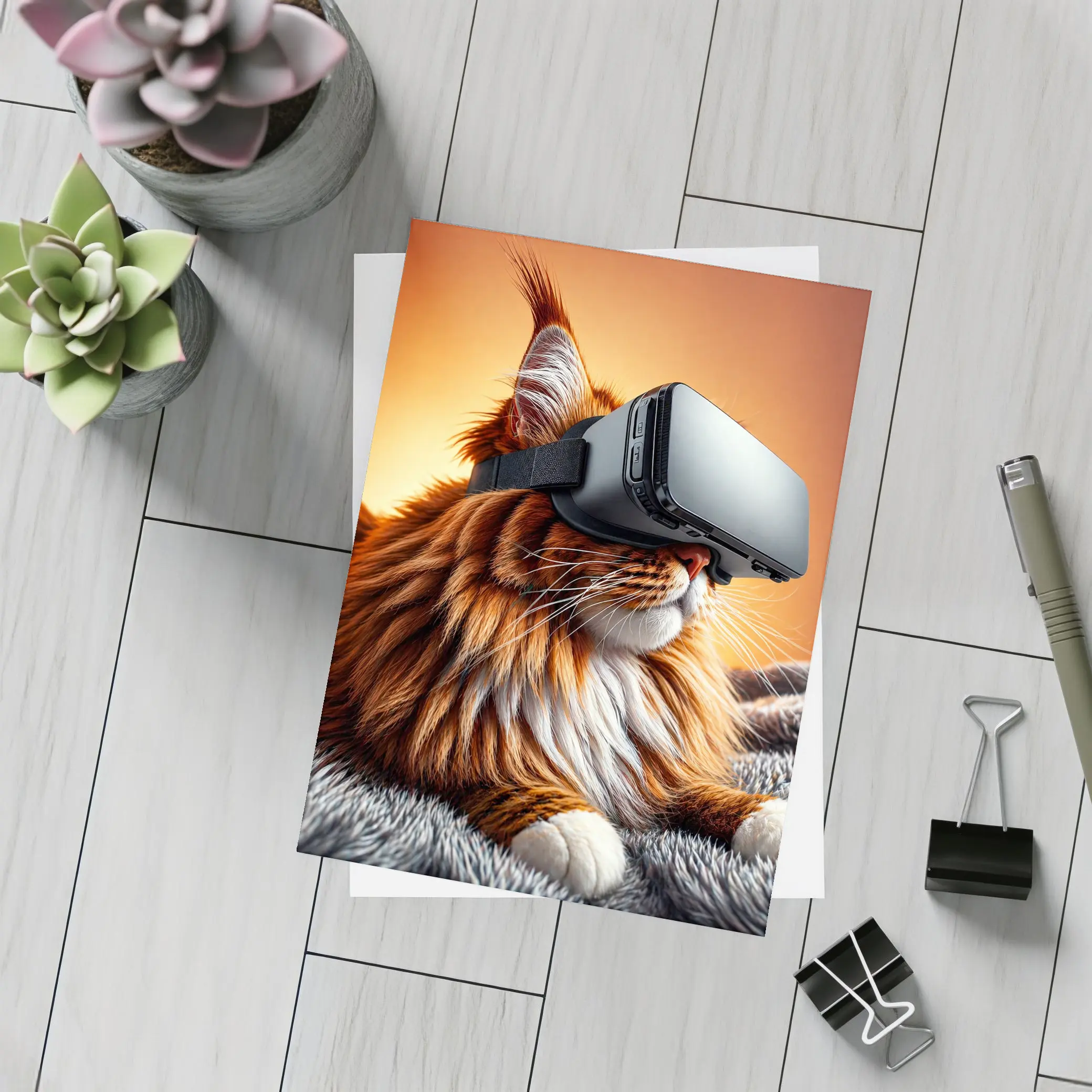 Maine Coon Cat Wearing VR Headset Orange Background – Postcards
