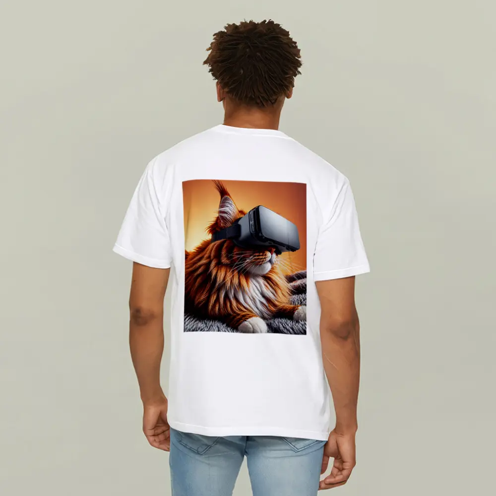Maine Coon Cat Wearing VR Headset Orange Background – T-Shirts