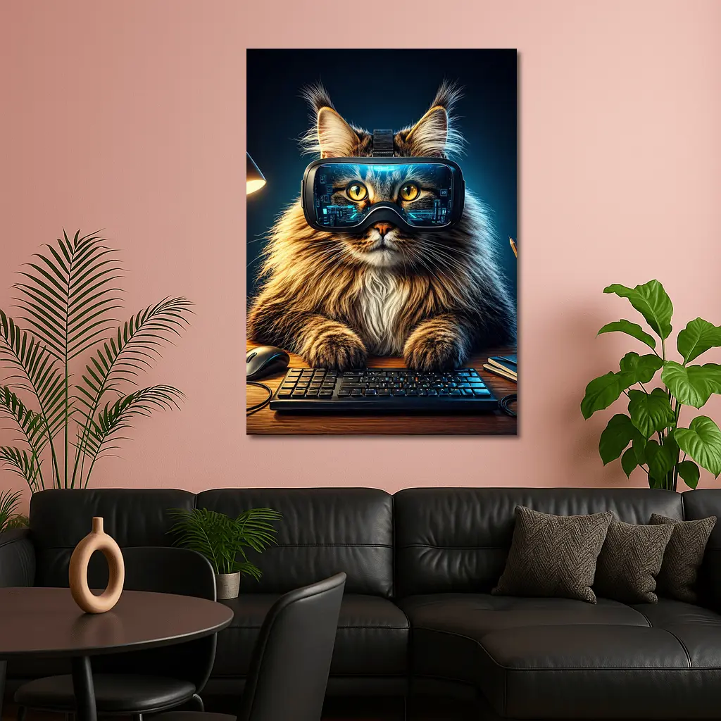 Maine Coon Cat Wearing VR Headset Gaming – Wall Art