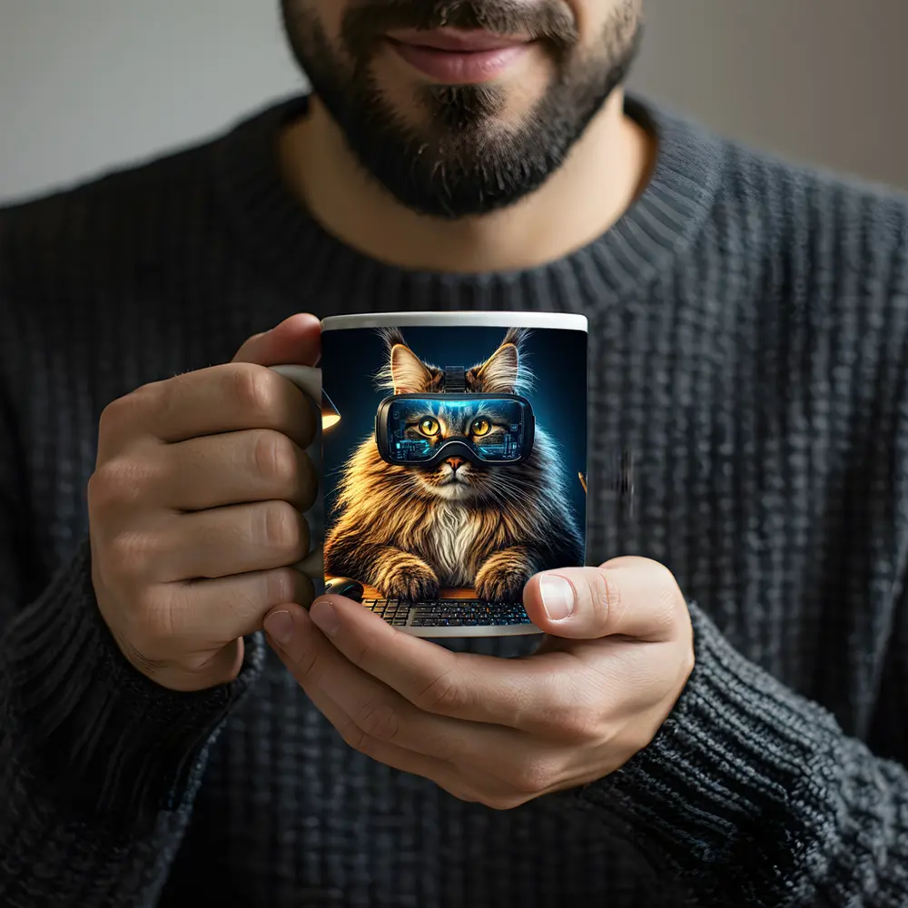 Maine Coon Cat Wearing VR Headset Gaming – Mugs