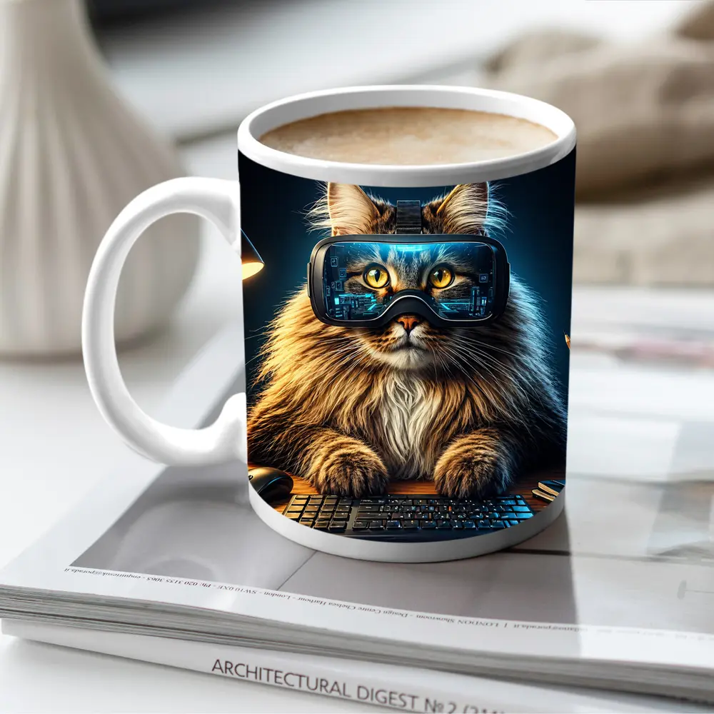 Maine Coon Cat Wearing VR Headset Gaming – Mugs