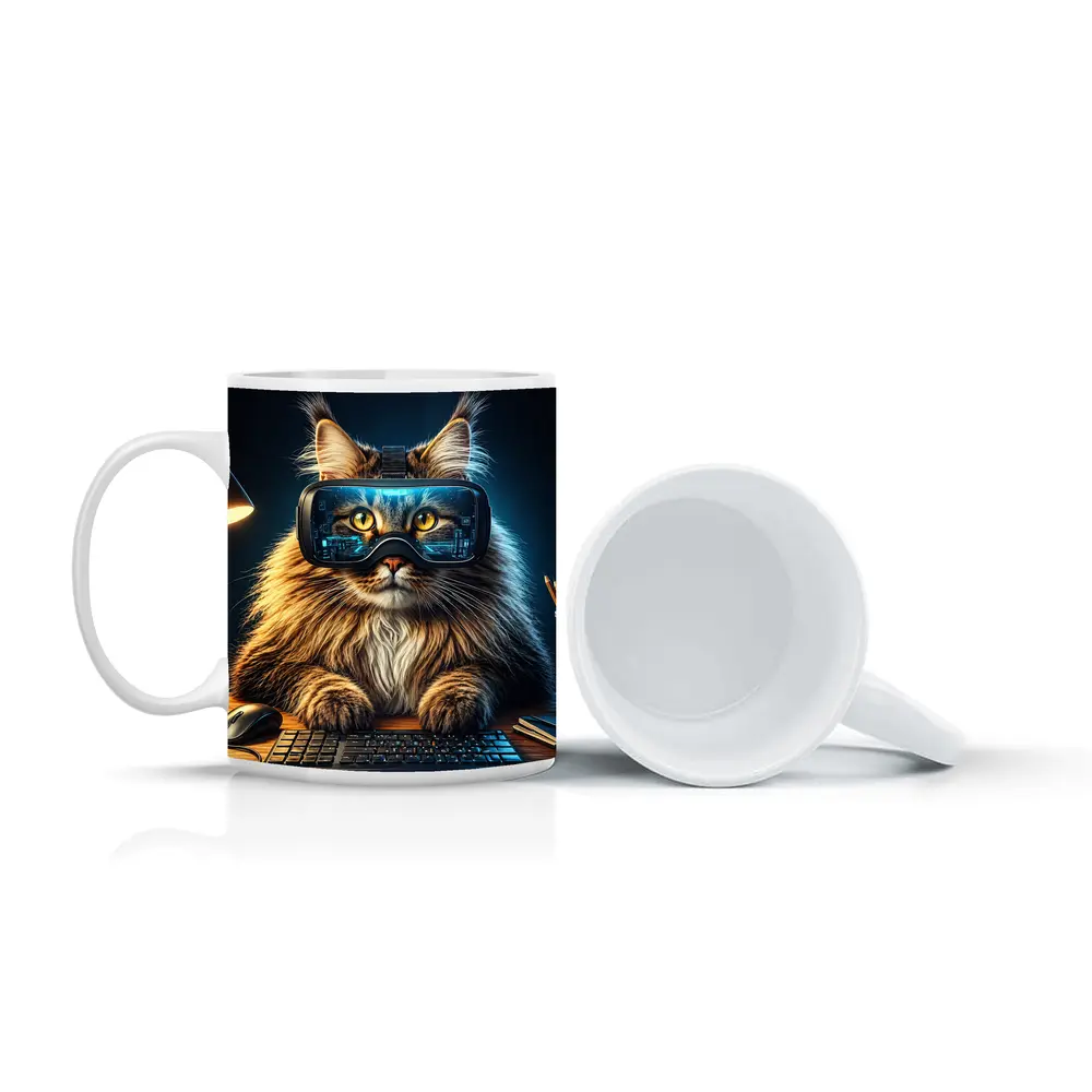 Maine Coon Cat Wearing VR Headset Gaming – Mugs