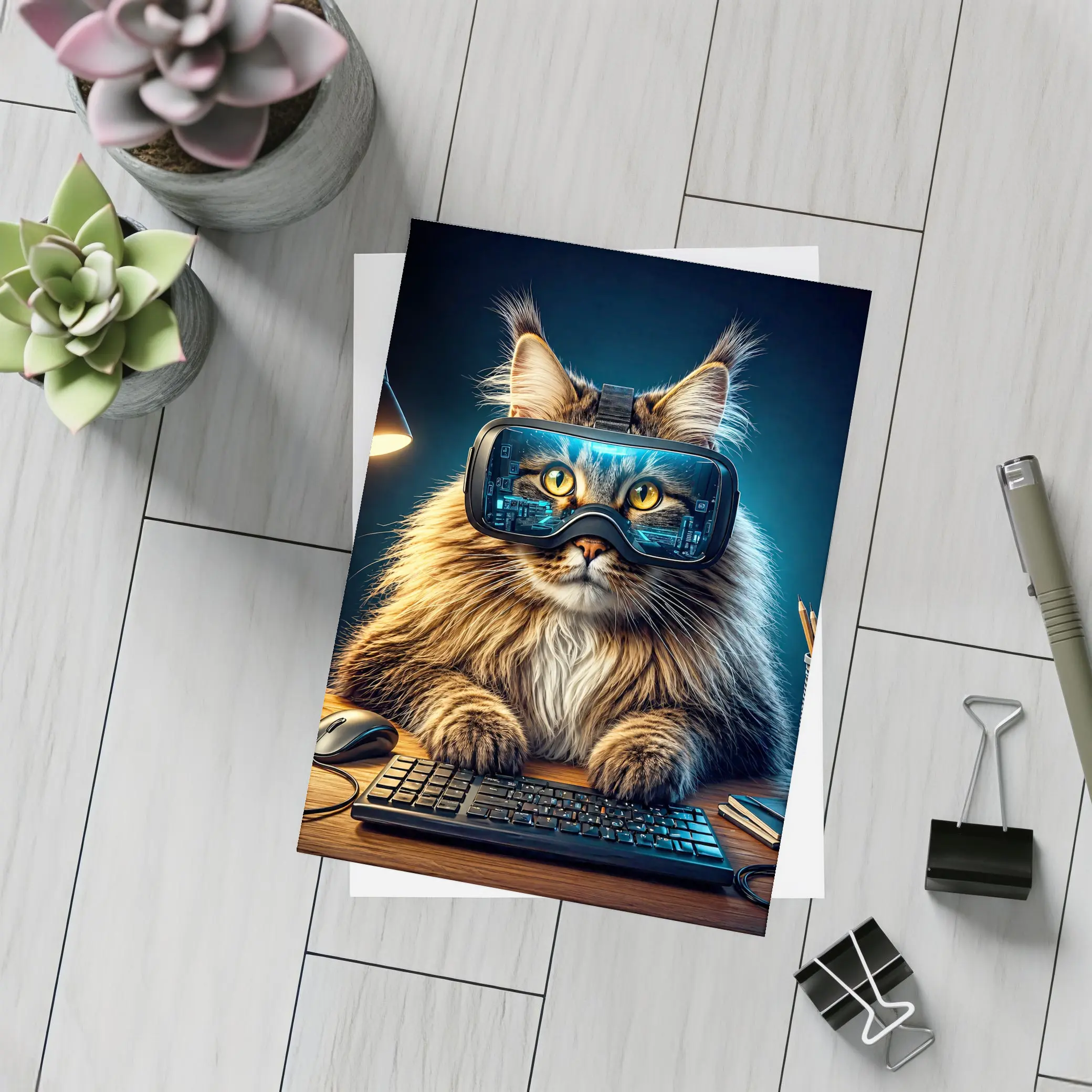Maine Coon Cat Wearing VR Headset Gaming – Postcards