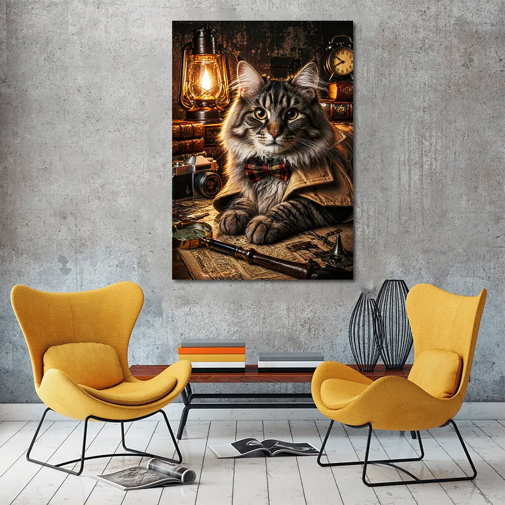 Maine Coon Detective Cat Vintage Study – Wall Art