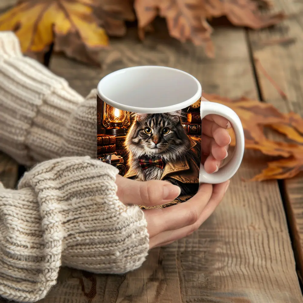 Maine Coon Detective Cat Vintage Study – Mugs