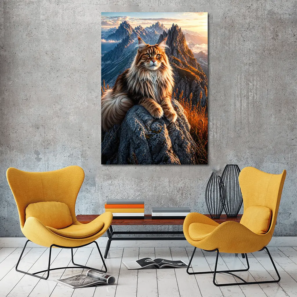Maine Coon Cat Sitting On Mountain Peak – Wall Art