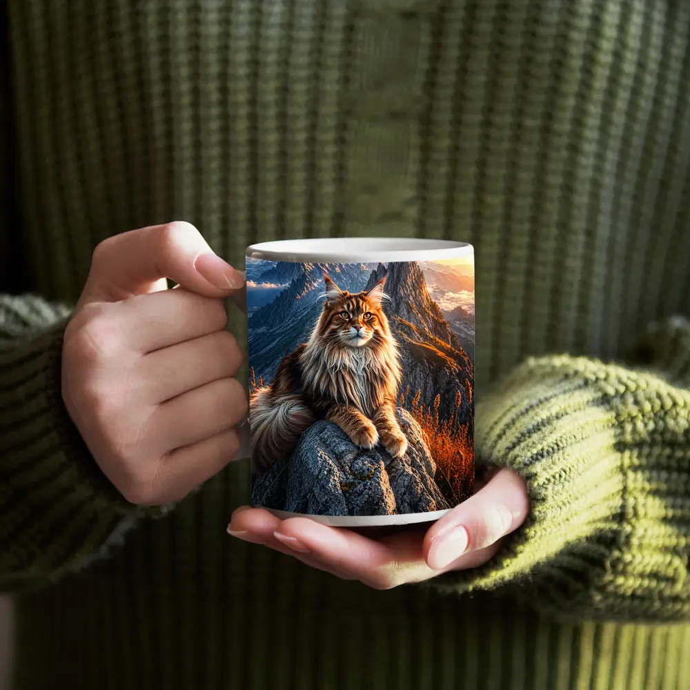 Maine Coon Cat Sitting On Mountain Peak – Mugs