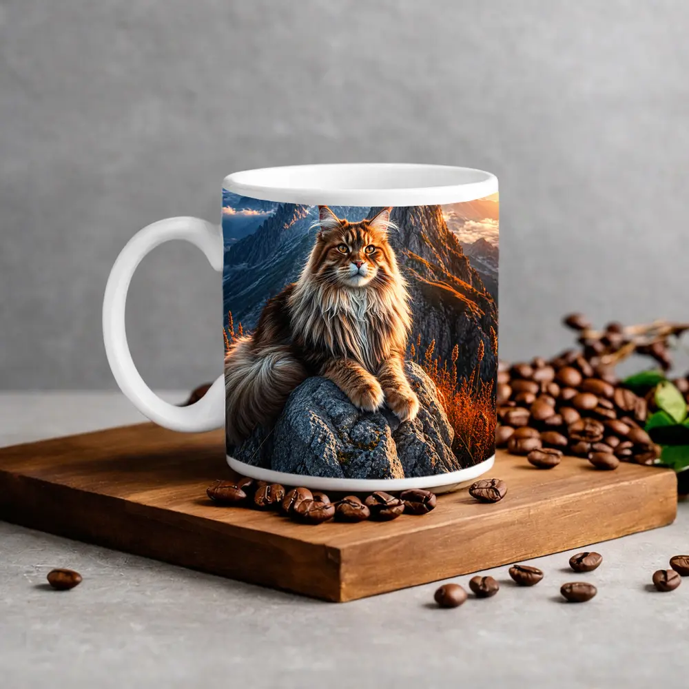Maine Coon Cat Sitting On Mountain Peak – Mugs