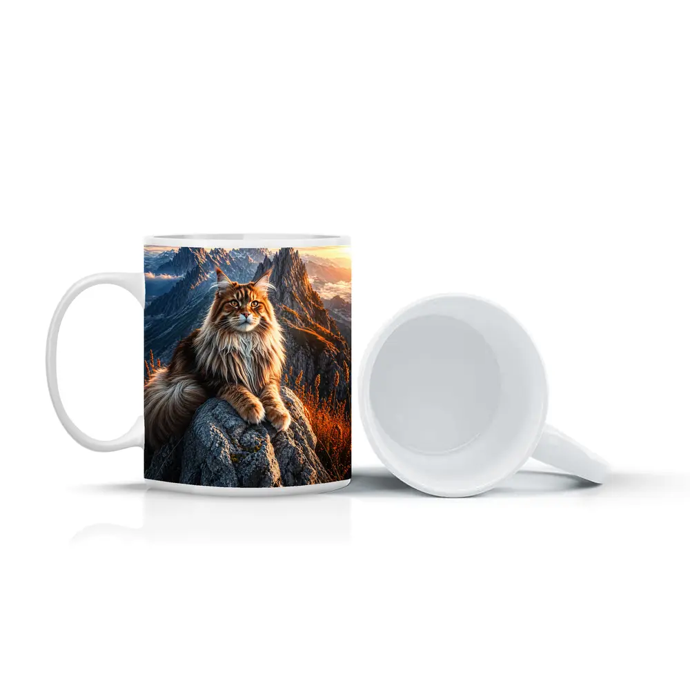 Maine Coon Cat Sitting On Mountain Peak – Mugs