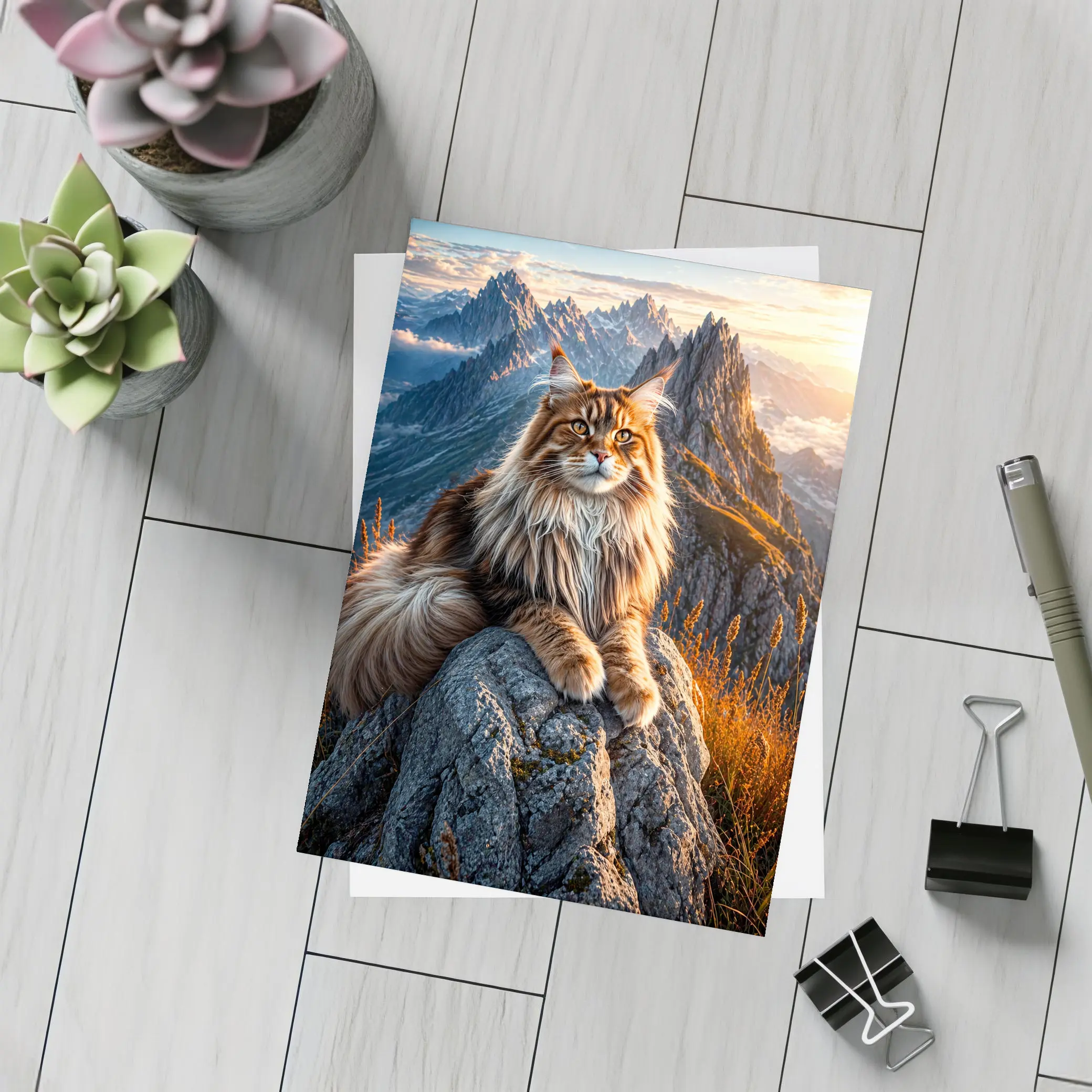 Maine Coon Cat Sitting On Mountain Peak – Postcards