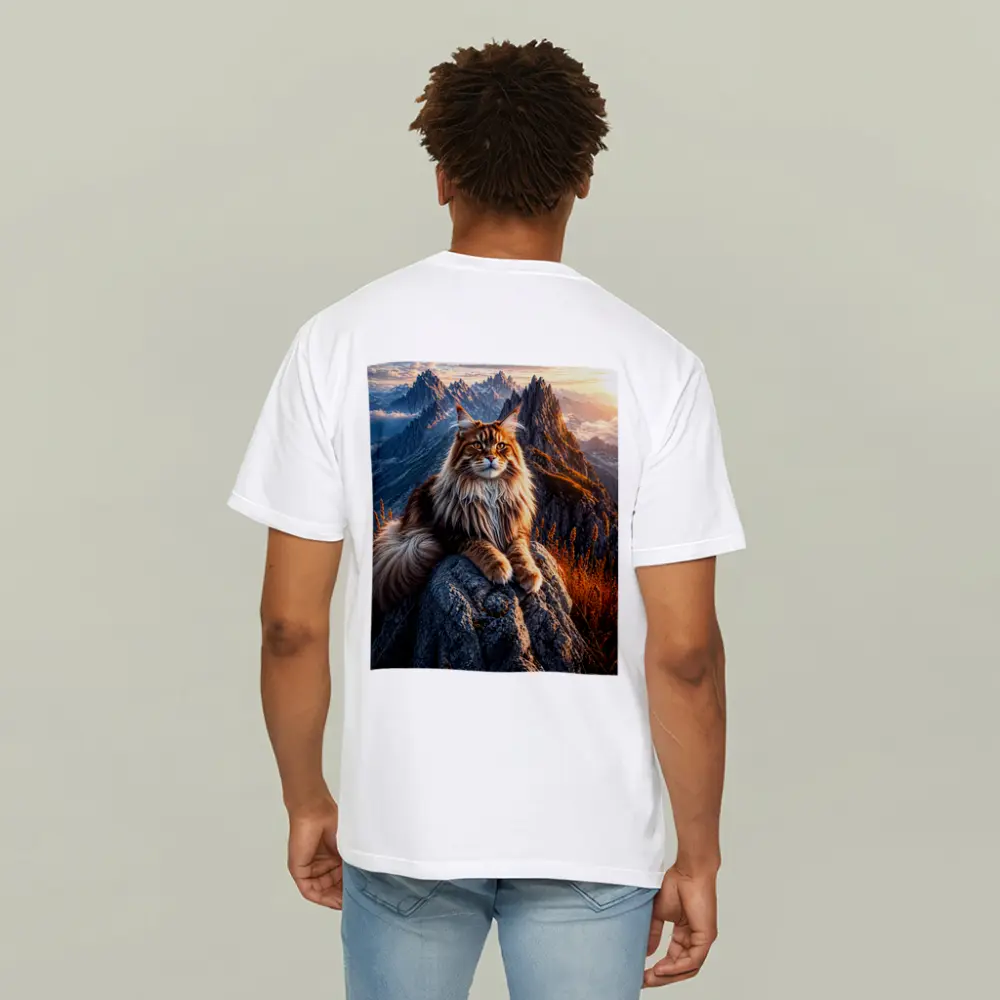 Maine Coon Cat Sitting On Mountain Peak – T-Shirts