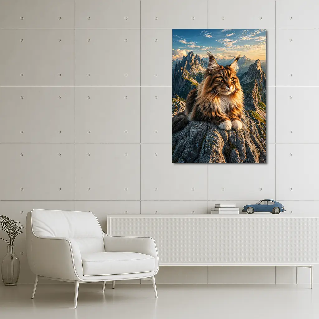 Maine Coon Cat Sitting On Mountain Summit – Wall Art