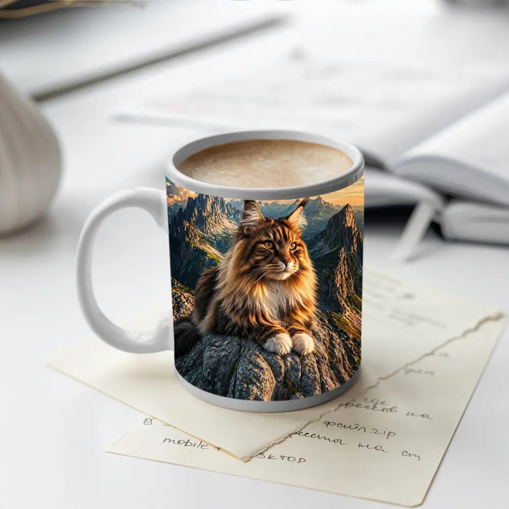 Maine Coon Cat Sitting On Mountain Summit – Mugs