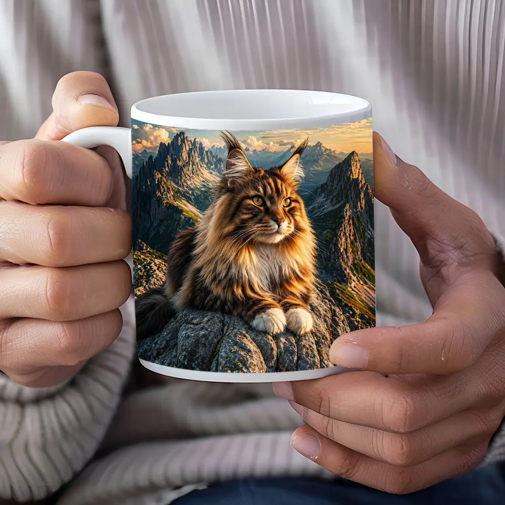 Maine Coon Cat Sitting On Mountain Summit – Mugs