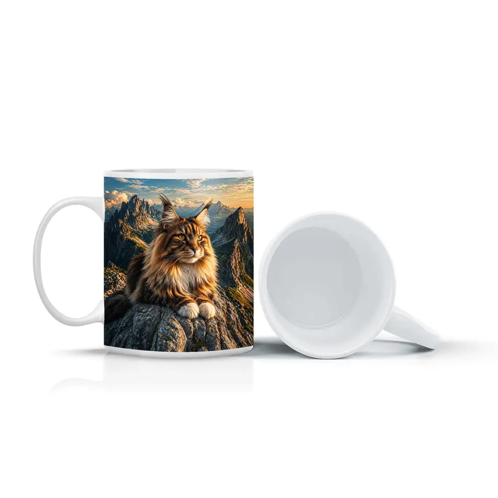 Maine Coon Cat Sitting On Mountain Summit – Mugs