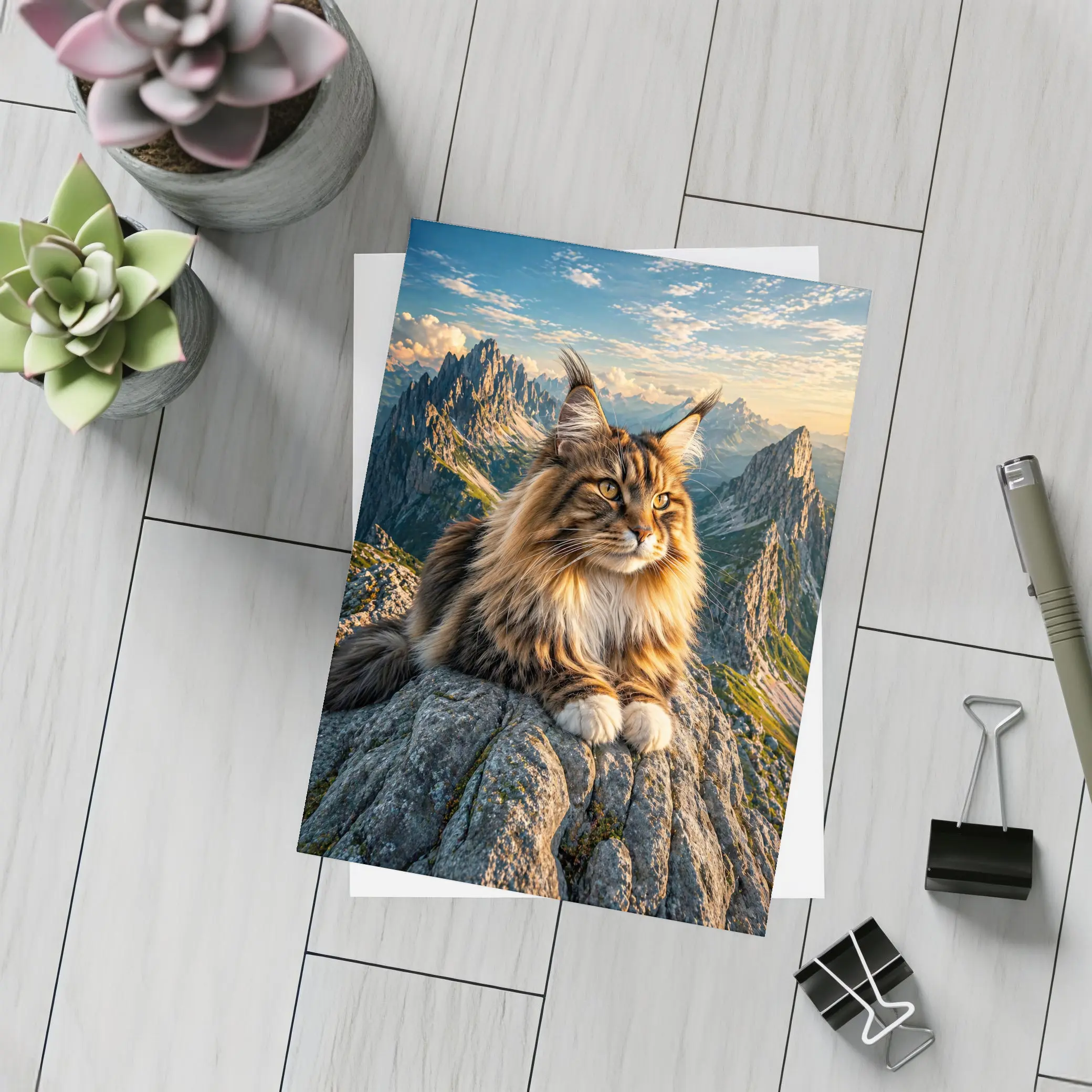 Maine Coon Cat Sitting On Mountain Summit – Postcards