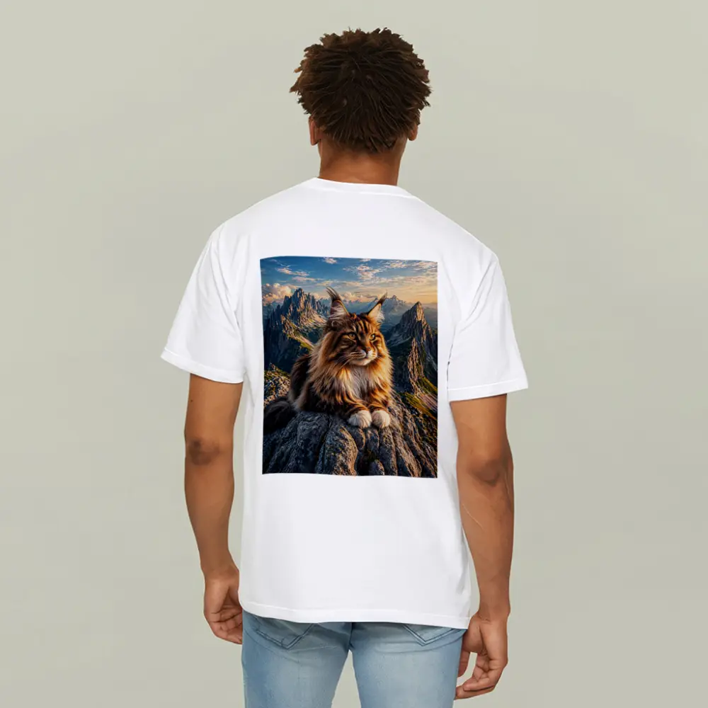 Maine Coon Cat Sitting On Mountain Summit – T-Shirts