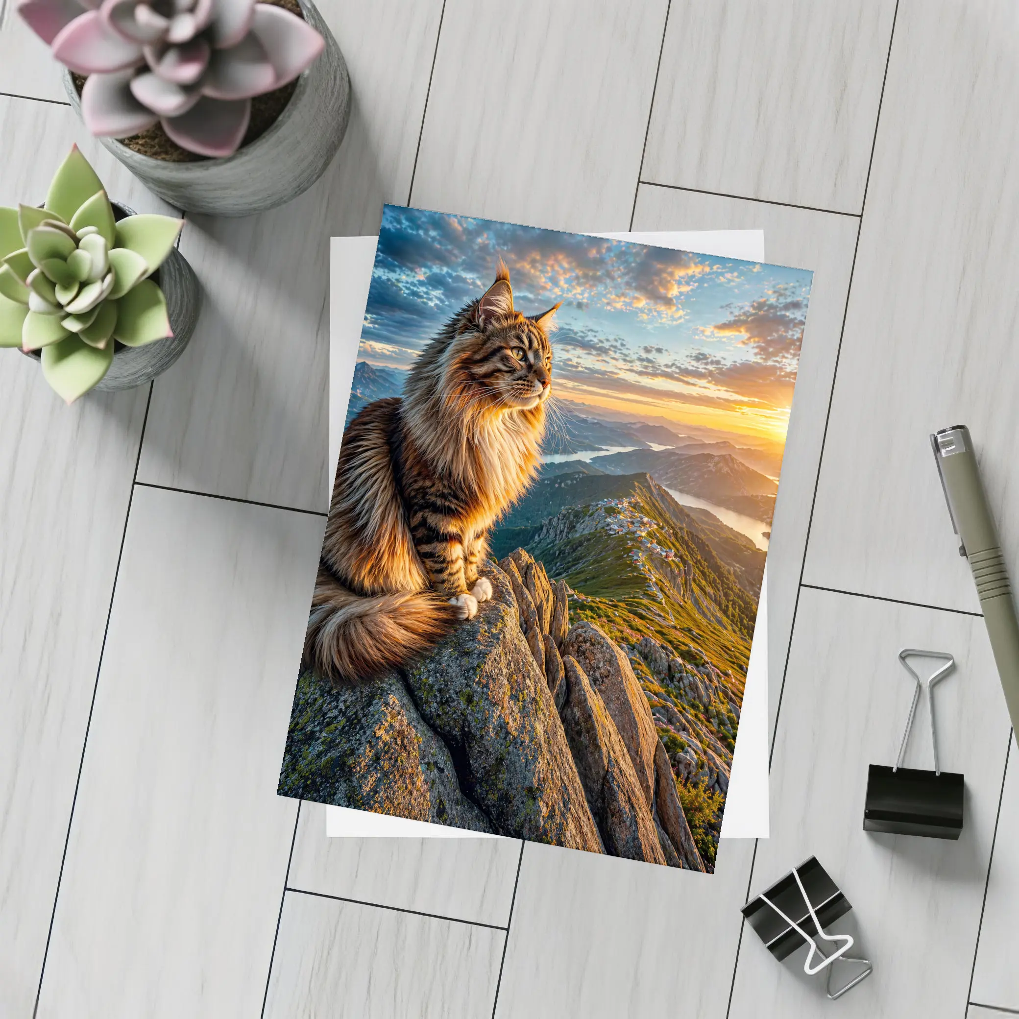 Maine Coon Cat Mountain Summit Sunset View – Postcards