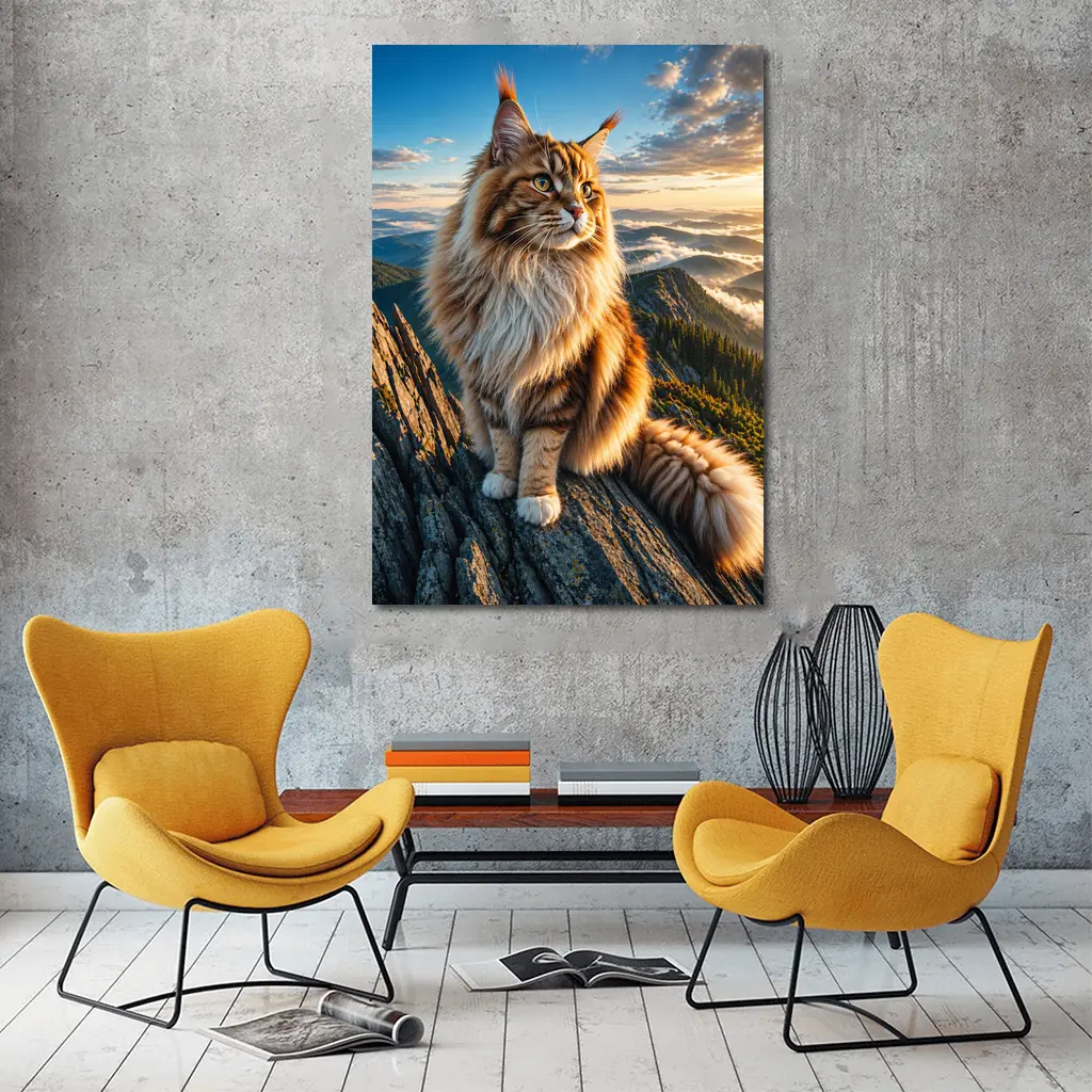 Maine Coon Cat on Mountain Summit Sunset – Wall Art