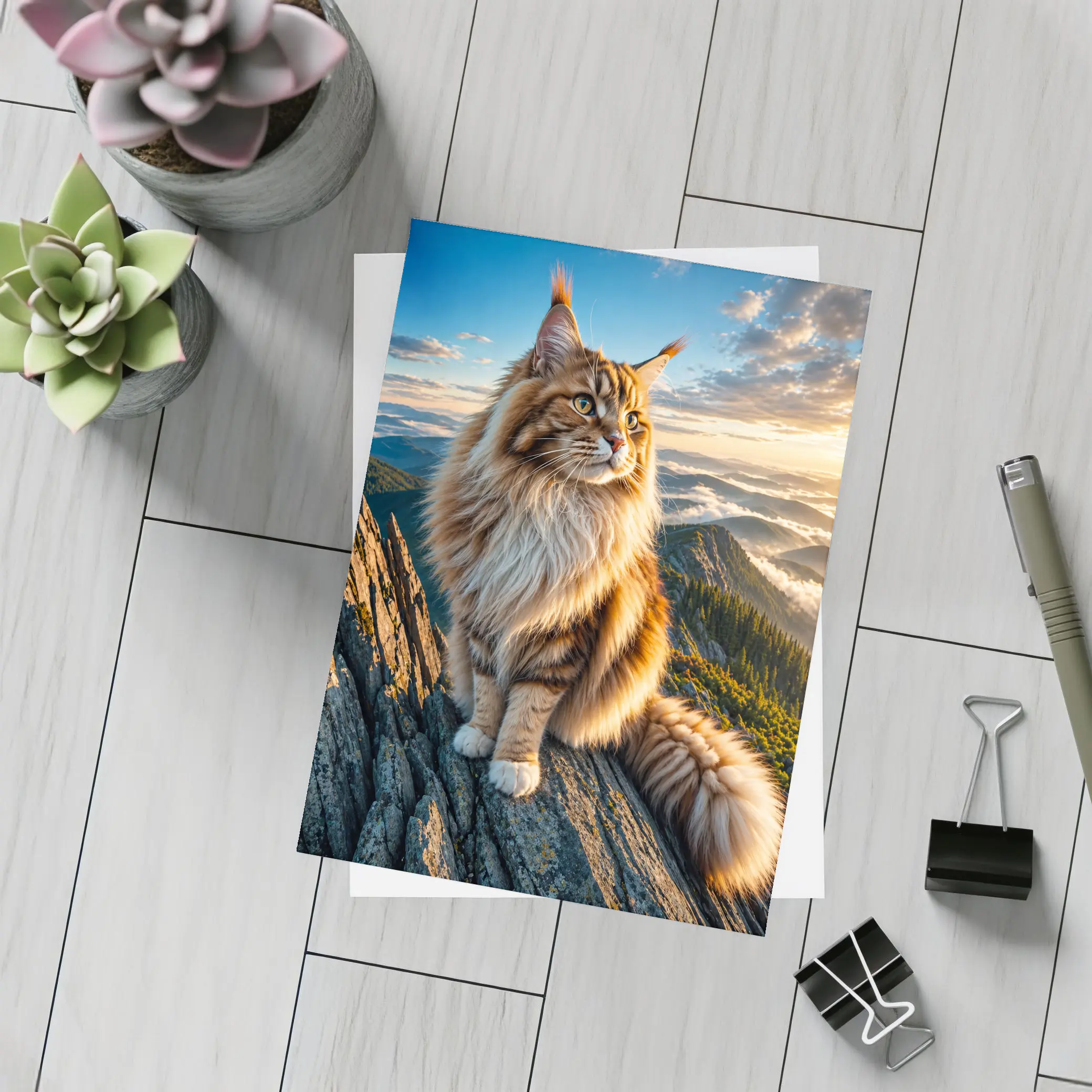 Maine Coon Cat on Mountain Summit Sunset – Postcards