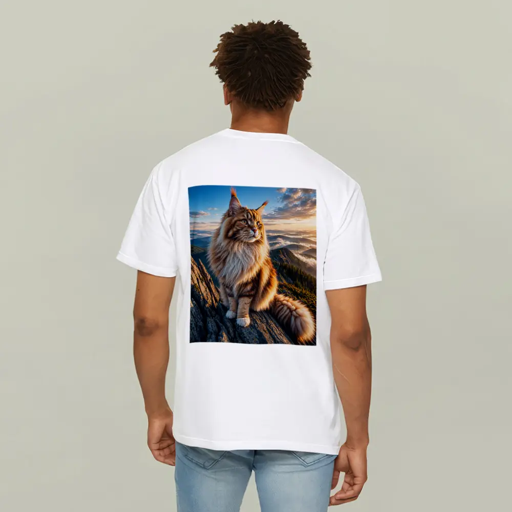 Maine Coon Cat on Mountain Summit Sunset – T-Shirts
