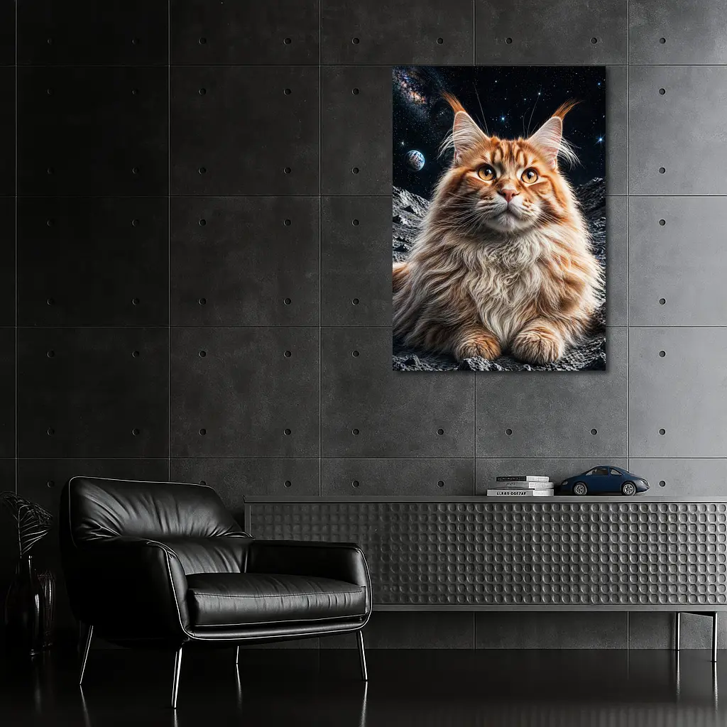 Maine Coon Cat Sitting On Moon Stars – Wall Art