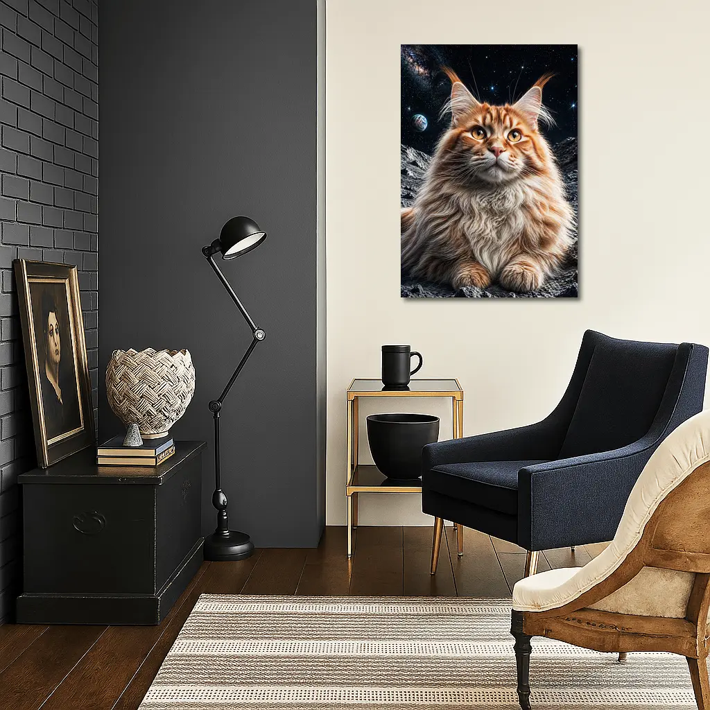 Maine Coon Cat Sitting On Moon Stars – Wall Art