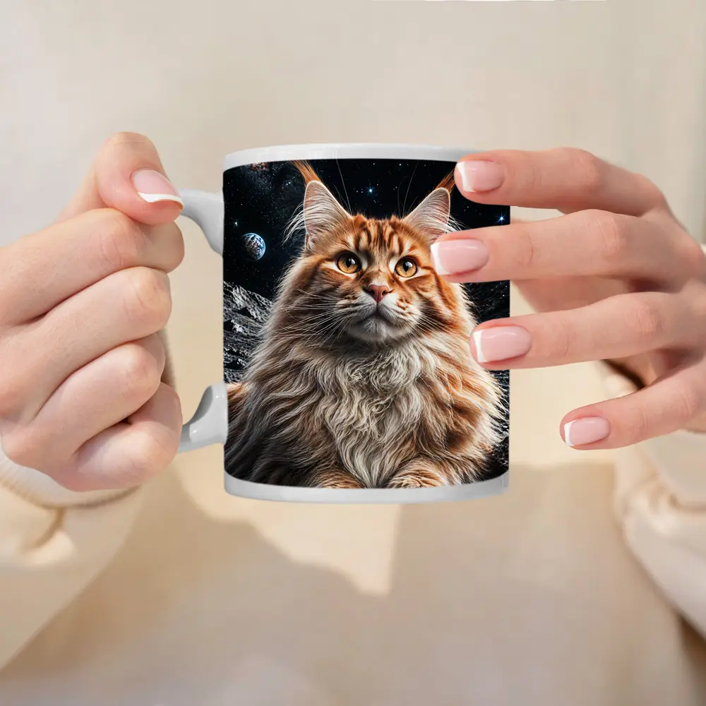 Maine Coon Cat Sitting On Moon Stars – Mugs