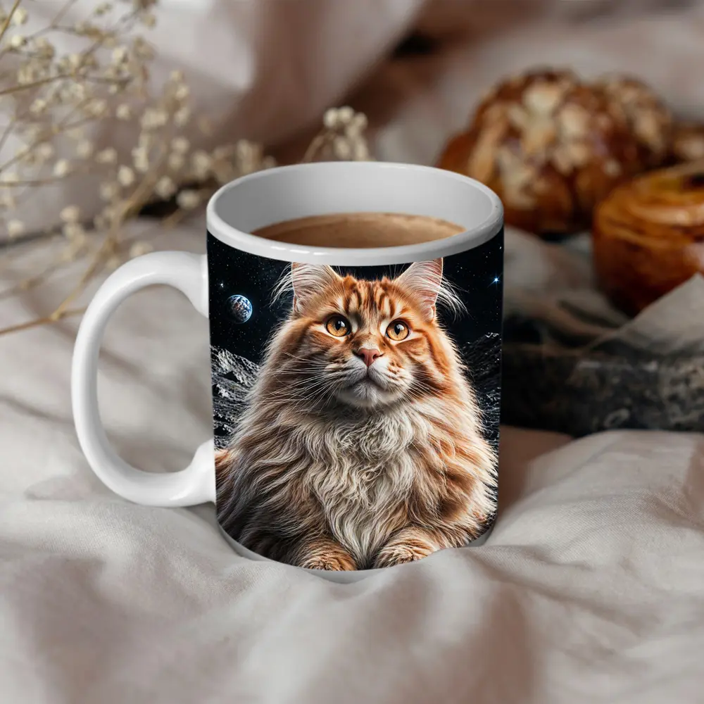 Maine Coon Cat Sitting On Moon Stars – Mugs