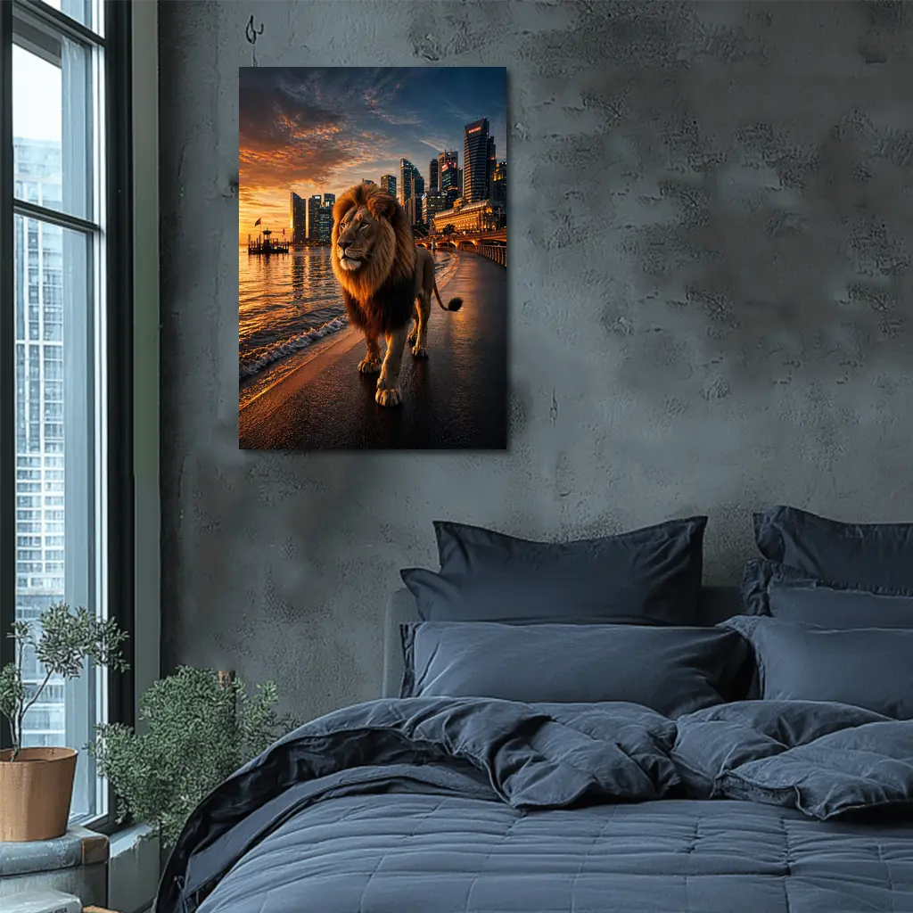 Lion Walking City Waterfront At Sunset – Wall Art