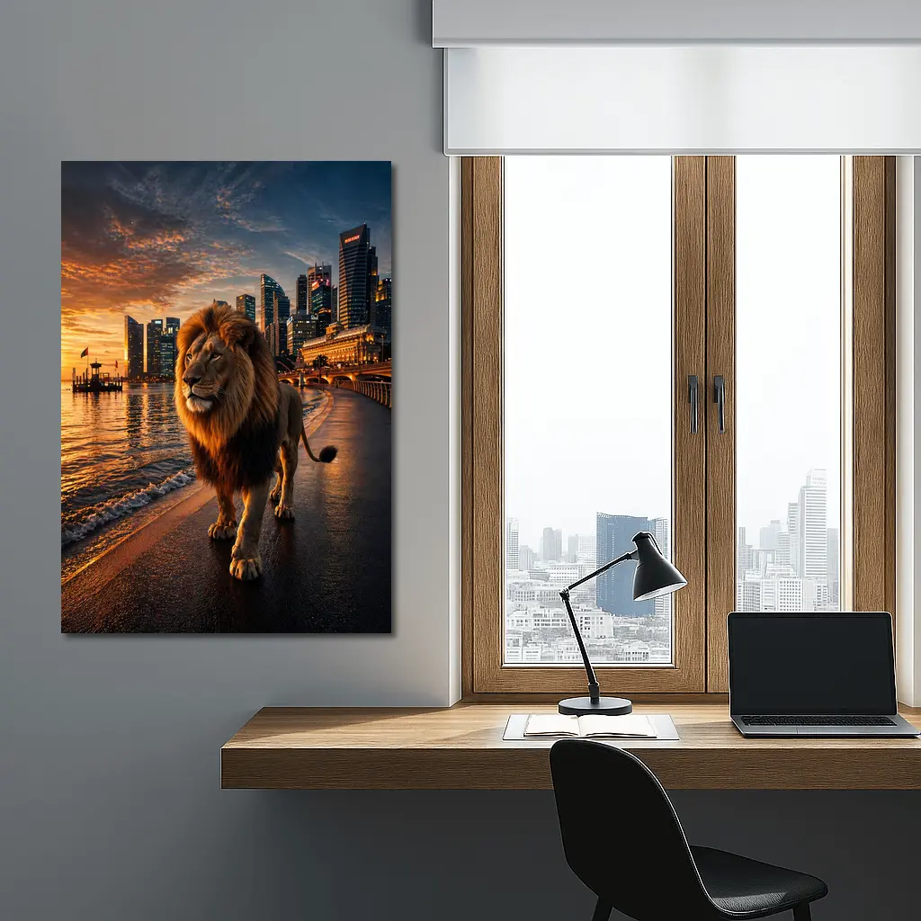 Lion Walking City Waterfront At Sunset – Wall Art