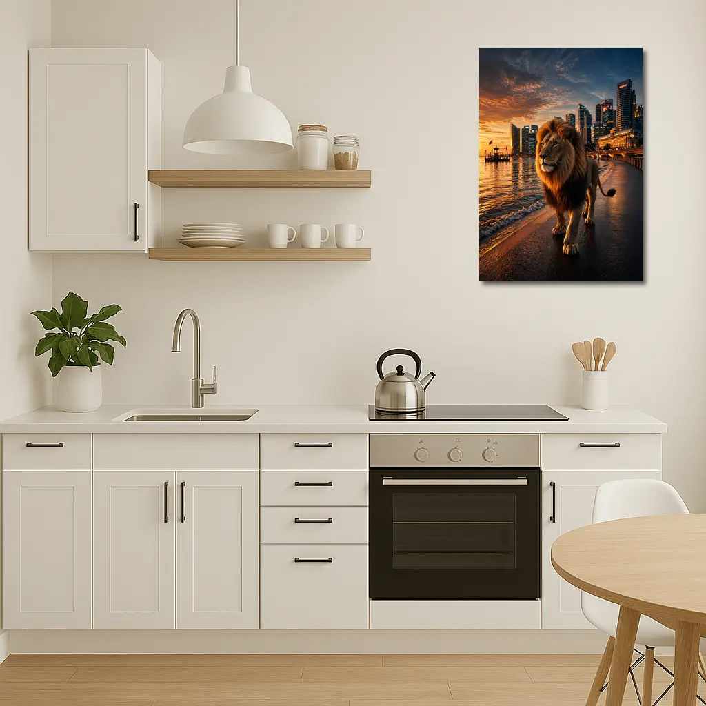 Lion Walking City Waterfront At Sunset – Wall Art