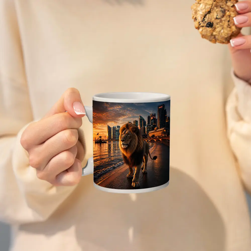 Lion Walking City Waterfront At Sunset – Mugs