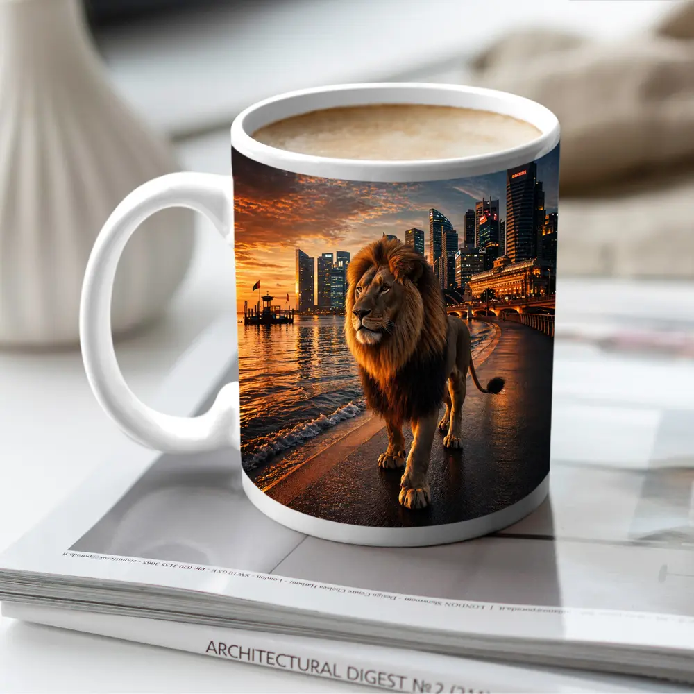 Lion Walking City Waterfront At Sunset – Mugs