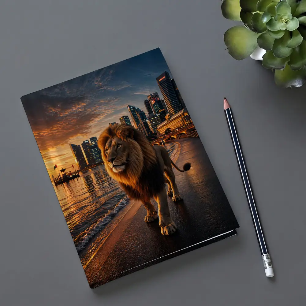 Lion Walking City Waterfront At Sunset – Notebooks