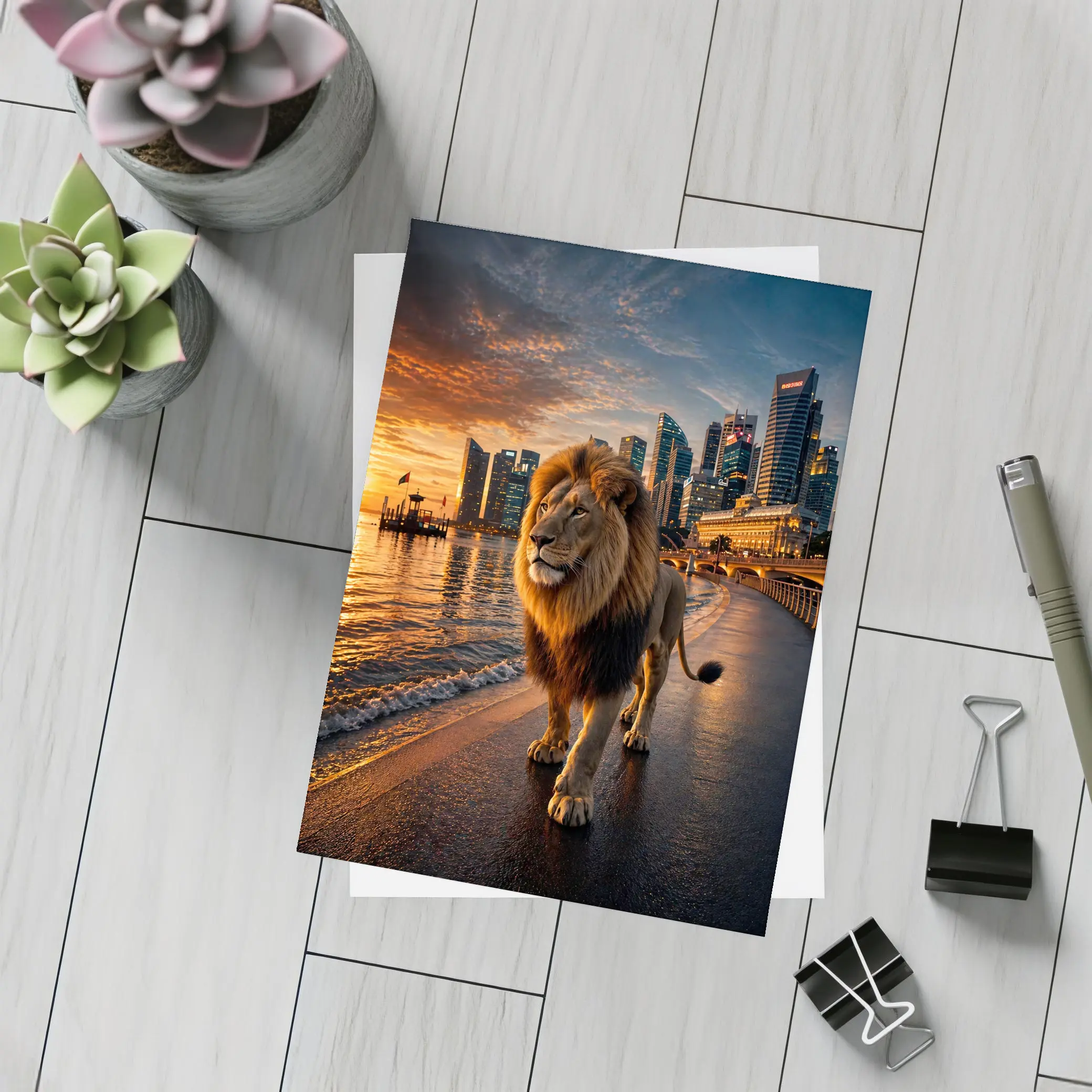 Lion Walking City Waterfront At Sunset – Postcards