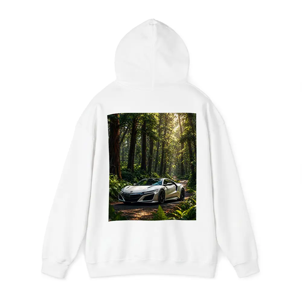 White Honda NSX Parked in Sunlit Forest – Hoodies