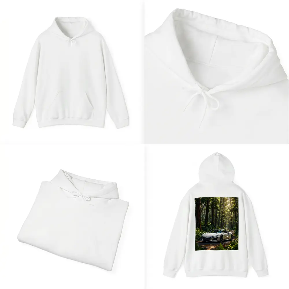 White Honda NSX Parked in Sunlit Forest – Hoodies