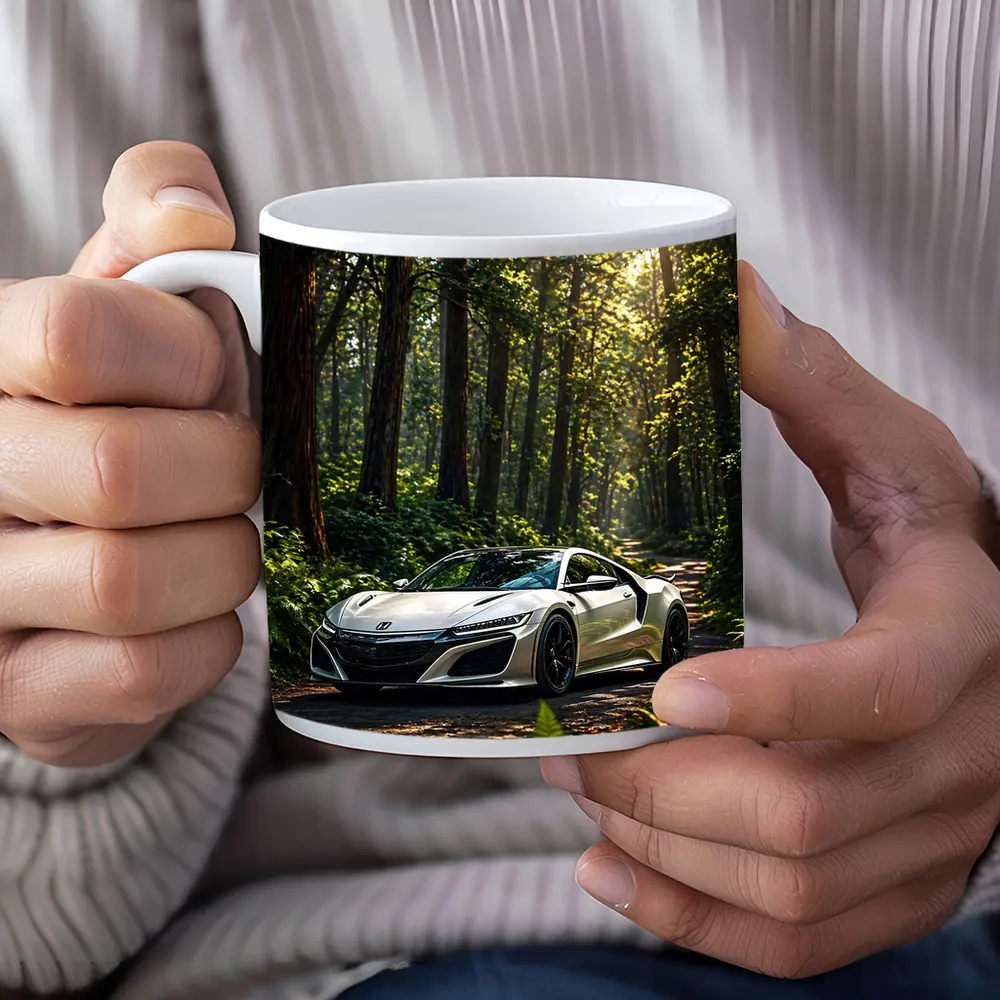 White Honda NSX Parked in Sunlit Forest – Mugs