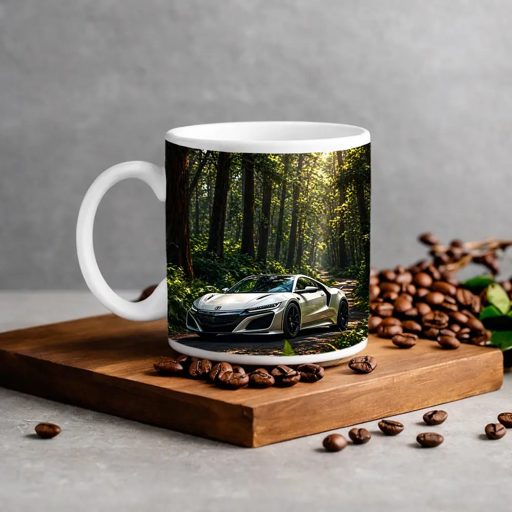 White Honda NSX Parked in Sunlit Forest – Mugs