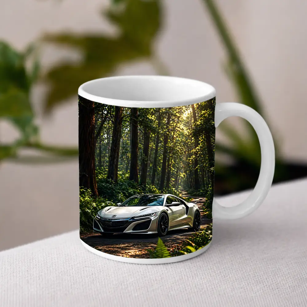 White Honda NSX Parked in Sunlit Forest – Mugs
