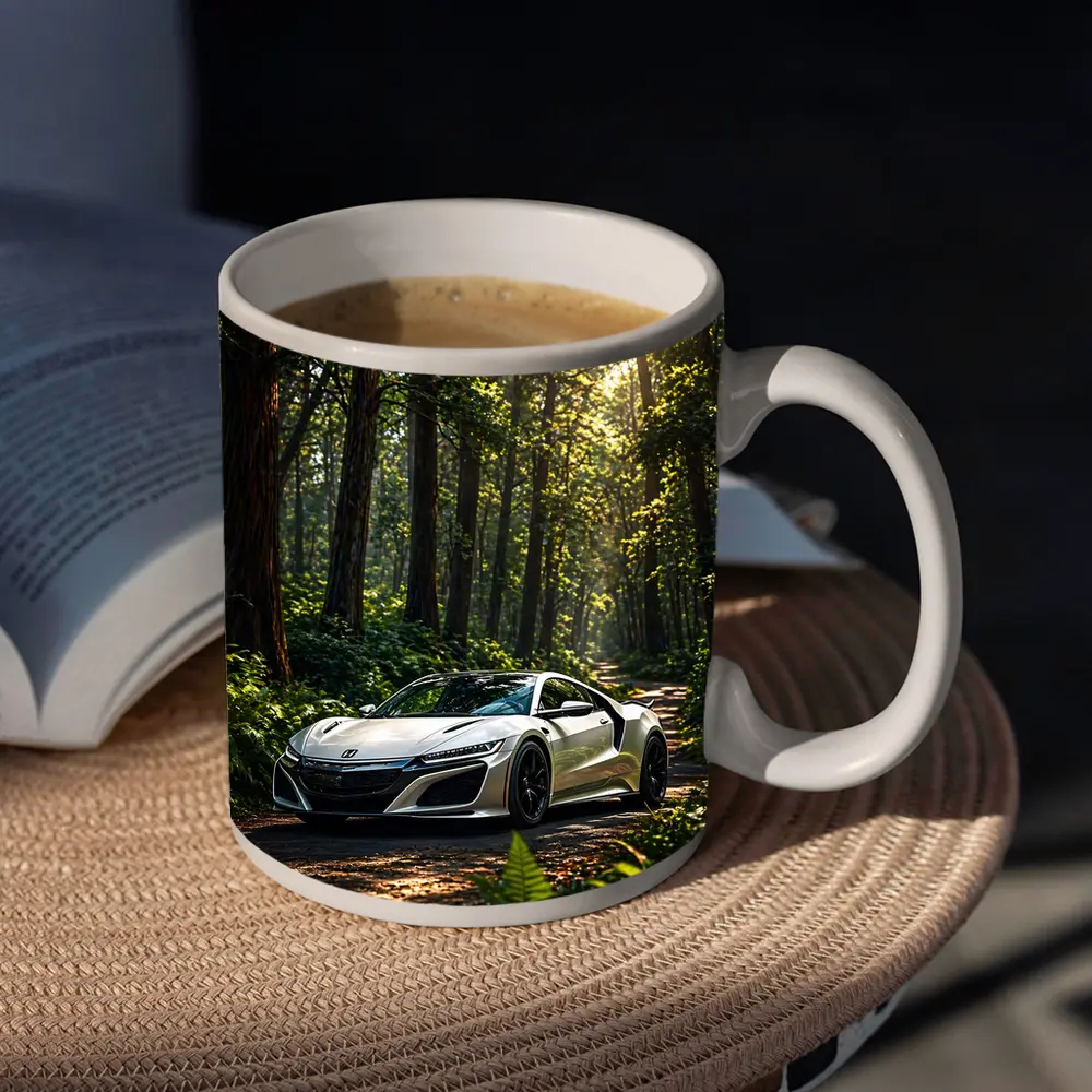 White Honda NSX Parked in Sunlit Forest – Mugs