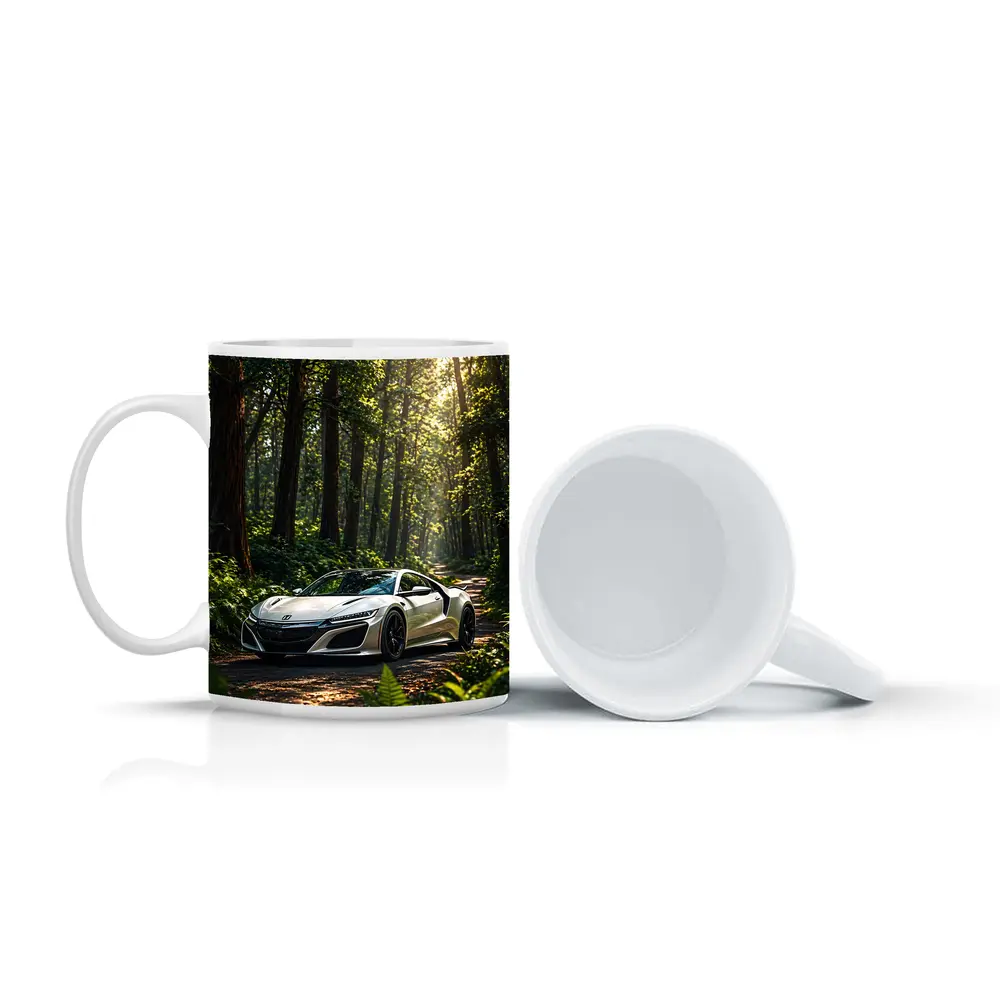 White Honda NSX Parked in Sunlit Forest – Mugs