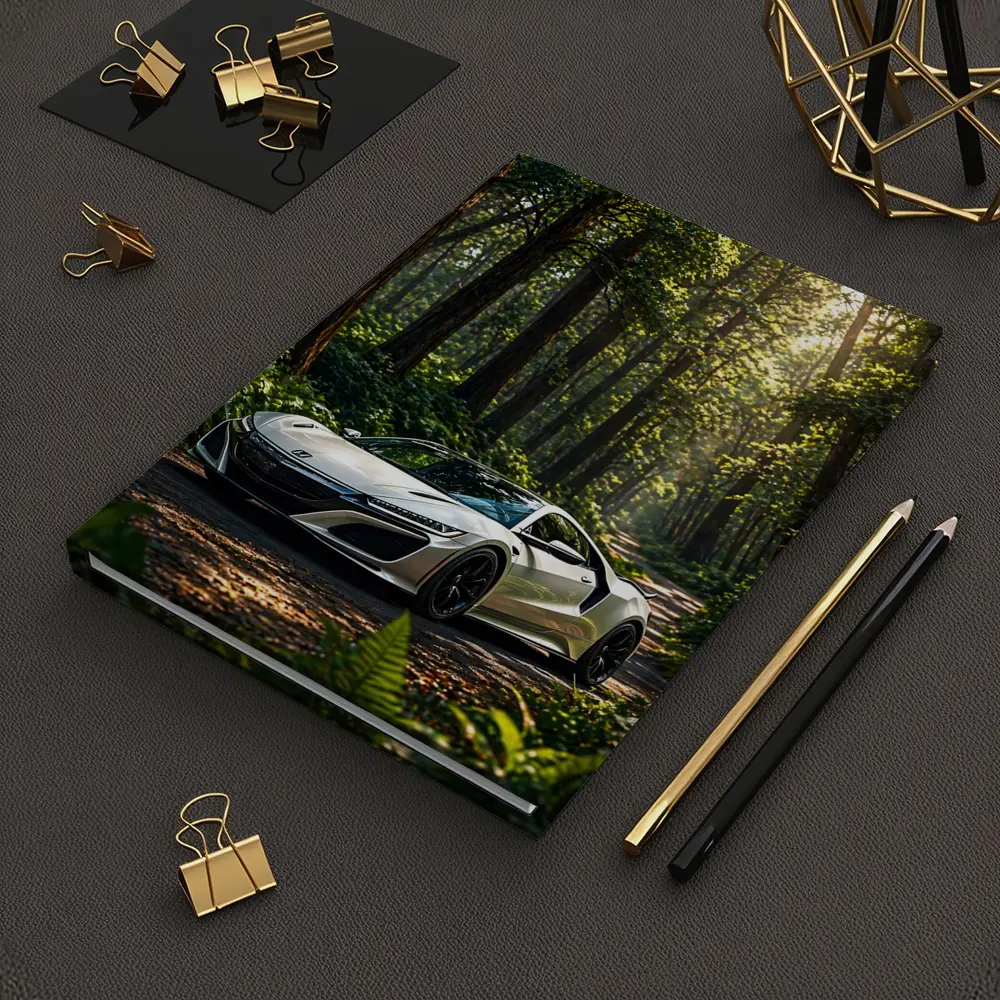 White Honda NSX Parked in Sunlit Forest – Notebooks